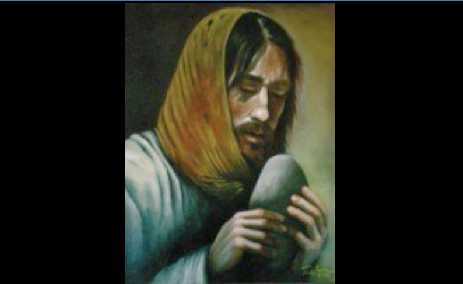 Image description: painting titled "Temptation of Christ," by Rohann Zulienn. Christ wears a yellow-ish head scarf, with long dark hair poking out, and is looking down at a large rounded stone he holds close to his mouth.